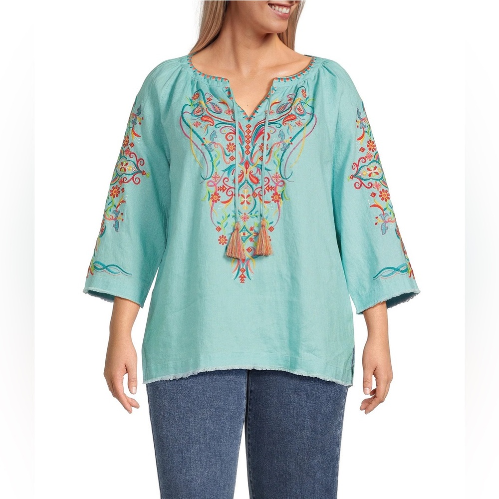 John Mark Turquoise Embroidered Peasant Top with Tassels